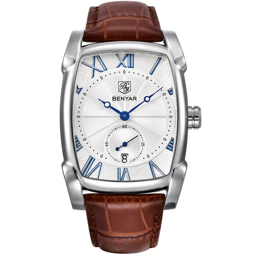 BENYAR Classic Rectangle Vintage Design Watch for Men | 44mm Case, Genuine Leather Strap, 30M Water Resistant — 5114 Silver White