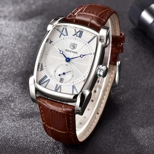 BENYAR Classic Rectangle Vintage Design Watch for Men | 44mm Case, Genuine Leather Strap, 30M Water Resistant thumbnail 4