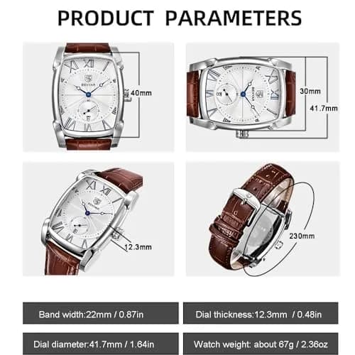 BENYAR Classic Rectangle Vintage Design Watch for Men | 44mm Case, Genuine Leather Strap, 30M Water Resistant thumbnail 2