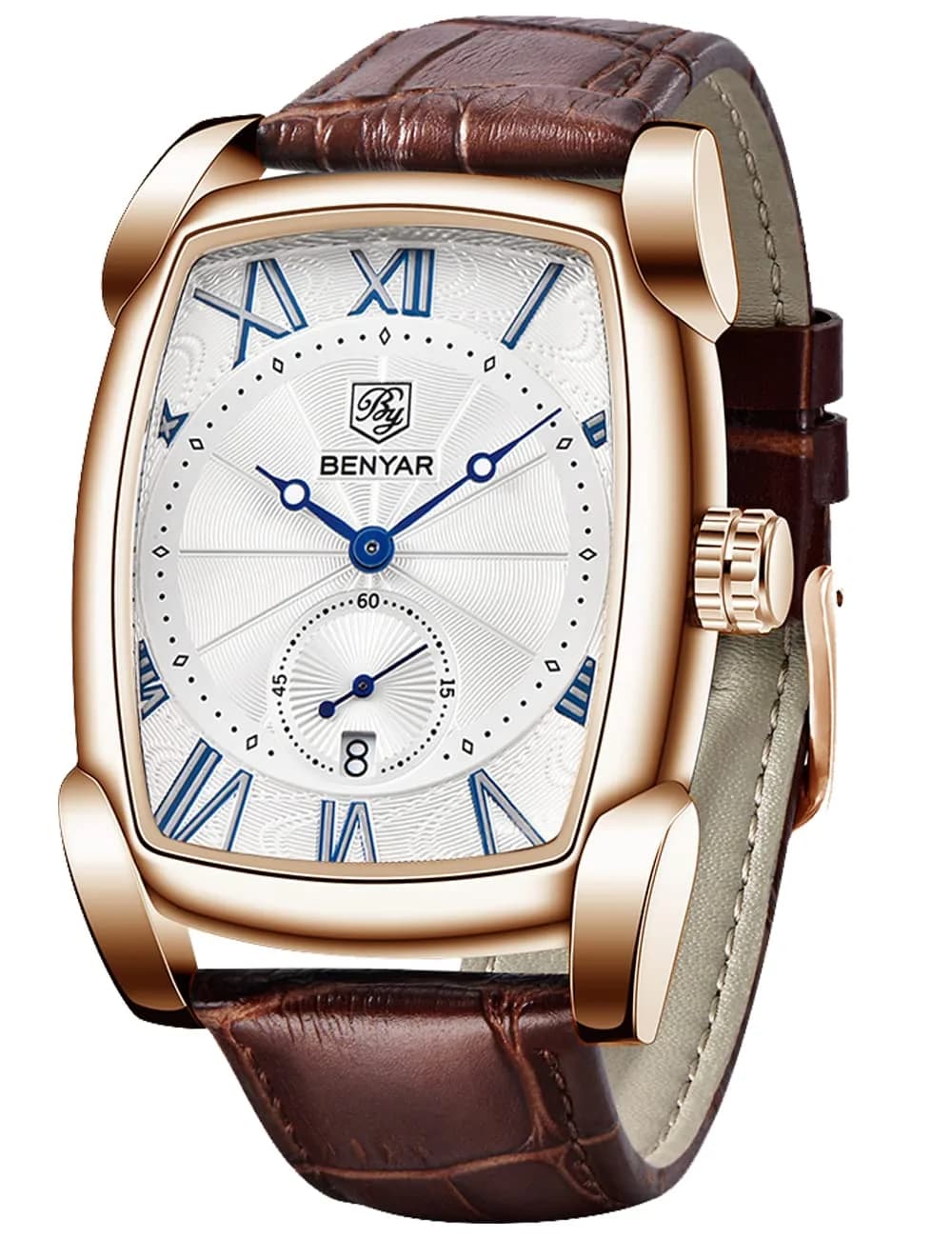 BENYAR Classic Rectangle Vintage Design Watch for Men | 44mm Case, Genuine Leather Strap, 30M Water Resistance — Gold