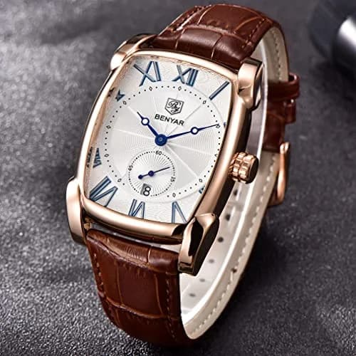 BENYAR Classic Rectangle Vintage Design Watch for Men | 44mm Case, Genuine Leather Strap, 30M Water Resistance thumbnail 4