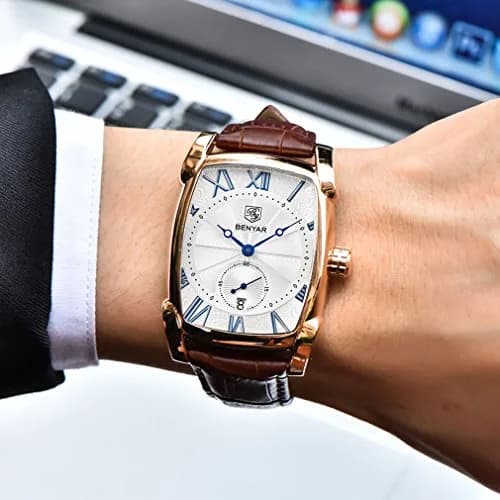 BENYAR Classic Rectangle Vintage Design Watch for Men | 44mm Case, Genuine Leather Strap, 30M Water Resistance thumbnail 3
