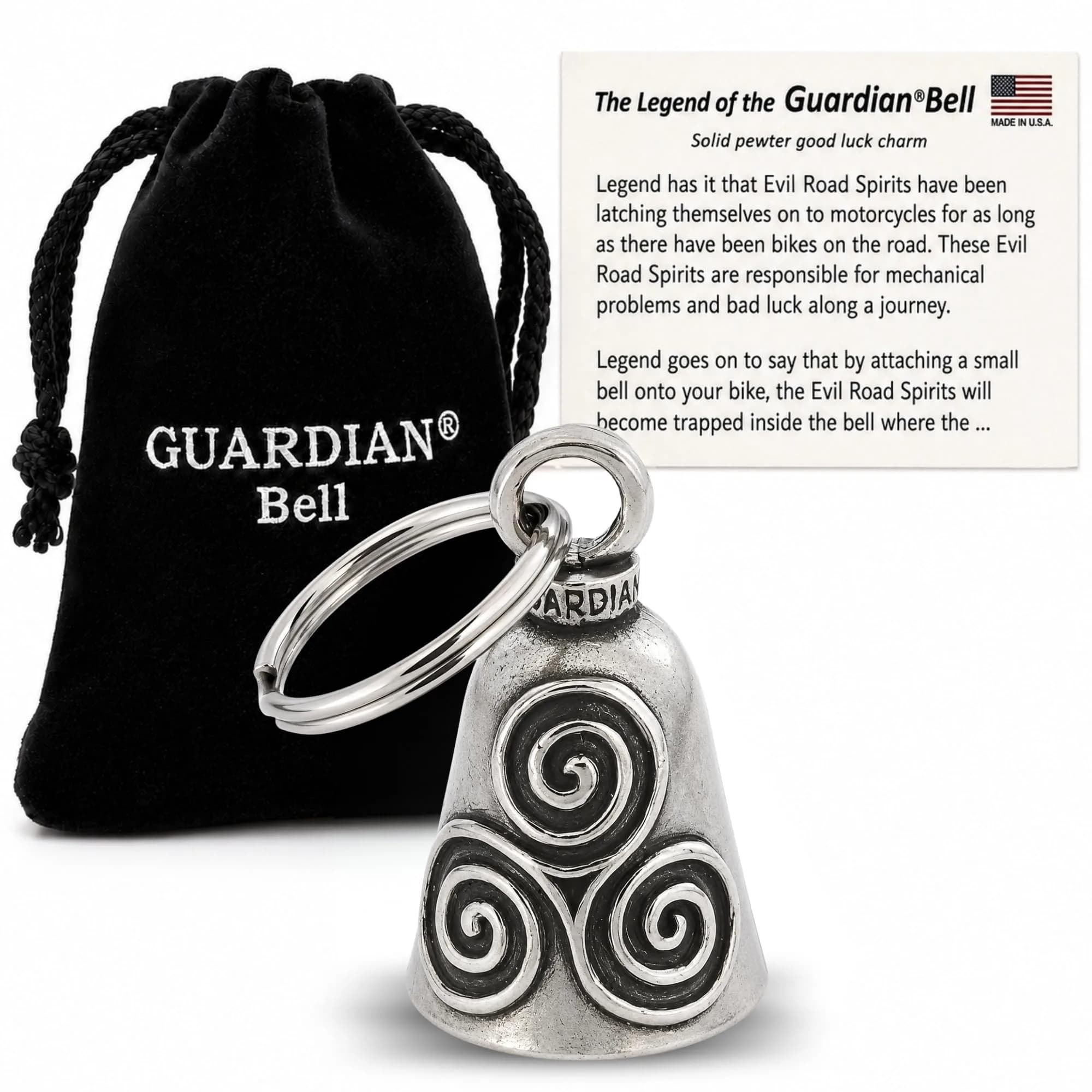 Guardian Bell Claddagh Good Luck Bell 1.75" | Lead-Free Pewter | Made in USA — Triskele (Tribalspiral)