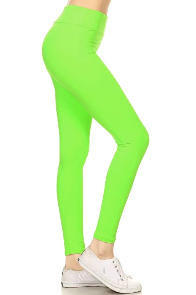 Leggings Depot Women's 3" Waistband Yoga High Waisted Solid Leggings Pants (Full Length, Neon Green, Plus Size) | High-Rise, Breathable & Comfortable
