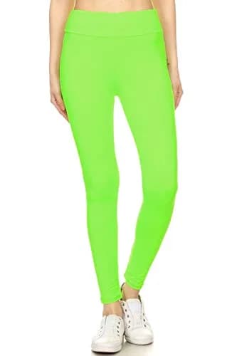 Leggings Depot Women's 3" Waistband Yoga High Waisted Solid Leggings Pants (Full Length, Neon Green, Plus Size) | High-Rise, Breathable & Comfortable thumbnail 2