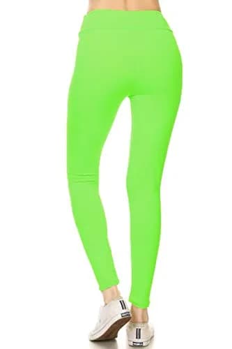 Leggings Depot Women's 3" Waistband Yoga High Waisted Solid Leggings Pants (Full Length, Neon Green, Plus Size) | High-Rise, Breathable & Comfortable thumbnail 3