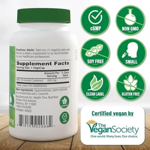 Health Thru Nutrition NAC N-Acetyl-Cysteine 600mg | Vegan, Gluten & Soy Free, 60 Capsules thumbnail 3