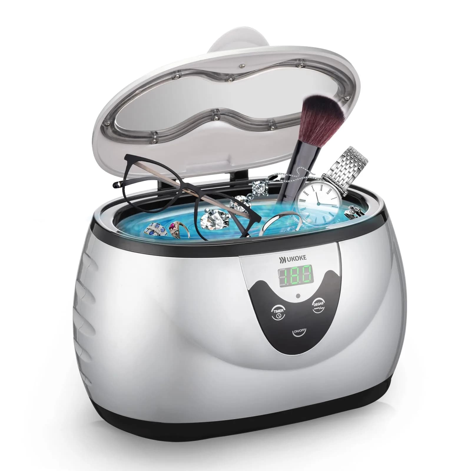 Ukoke UUC06G Ultrasonic Cleaner 600ml (20.3 fl oz) | Professional Jewelry & Eyeglass Cleaner with Digital Timer — Silver