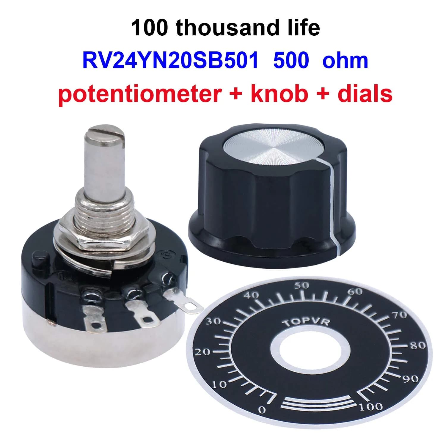Taiss RV24YN20S Potentiometer 500 ohm Single Turn Carbon Film Rotary Taper Potentiometer with Knob and Dial (2-Pack, 6mm Shaft) - view 2