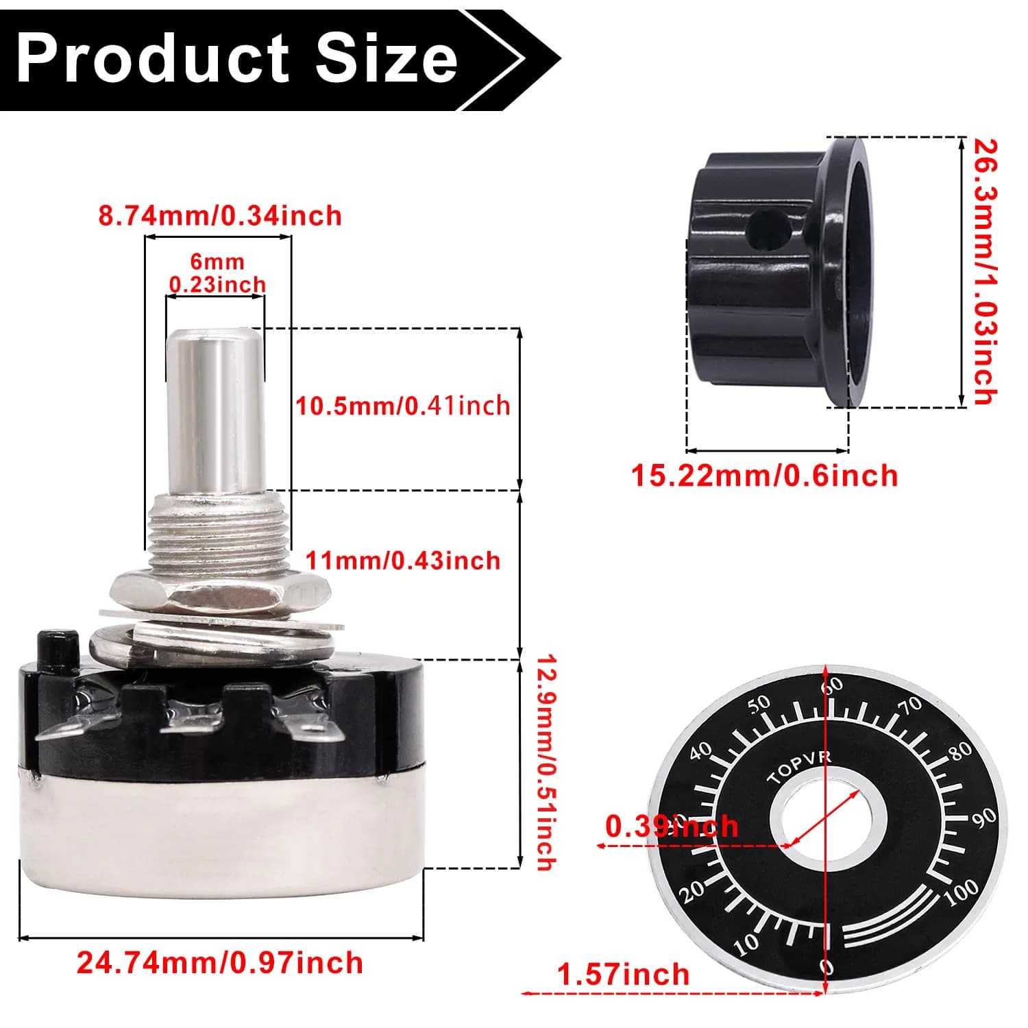 Taiss RV24YN20S Potentiometer 500 ohm Single Turn Carbon Film Rotary Taper Potentiometer with Knob and Dial (2-Pack, 6mm Shaft) - view 3