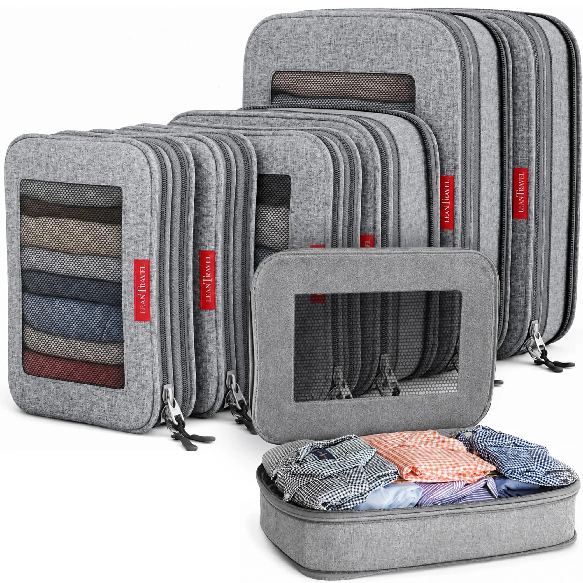 LeanTravel Premium Compression Packing Cubes for Travel - Suitcase Organizer Bags with Double Zipper & Breathable Mesh Panel - Space Saving Carry On Luggage Essentials (6-Pack, Grey) - main product image