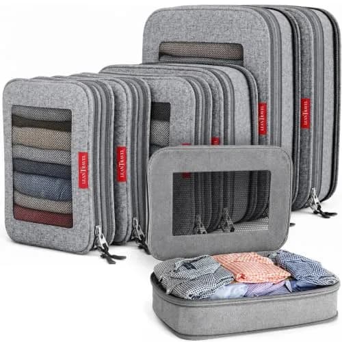 LeanTravel Premium Compression Packing Cubes for Travel - Suitcase Organizer Bags with Double Zipper & Breathable Mesh Panel - Space Saving Carry On Luggage Essentials (1 Medium Bag, Grey) — Grey