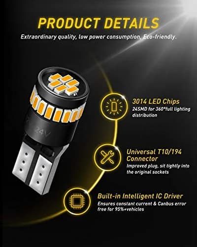 AUXITO Amber Yellow T10 LED Bulb 194 168 W5W Error Free (Pack of 10) | 240LM Super Bright for Car Marker Lights thumbnail 2