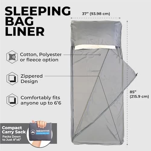 Tough Outdoors Ultralight Sleeping Bag Liner - Rectangular Travel Sheet - 219cm (85") - Gray thumbnail 3