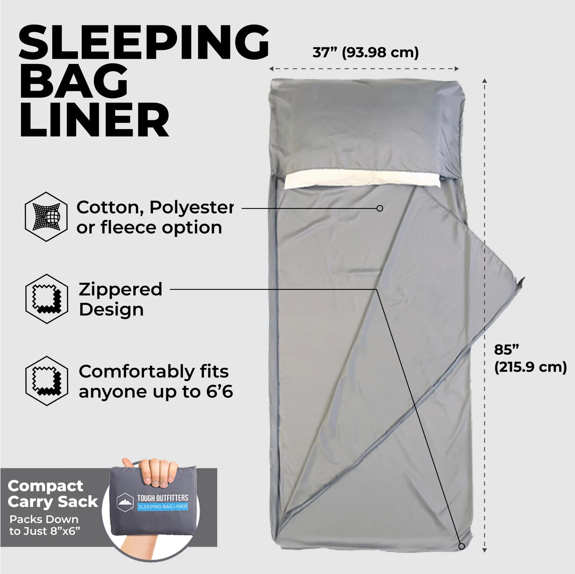 Tough Outdoors Ultralight Sleeping Bag Liner - Rectangular Travel Sheet - 219cm (85") - Gray - view 3