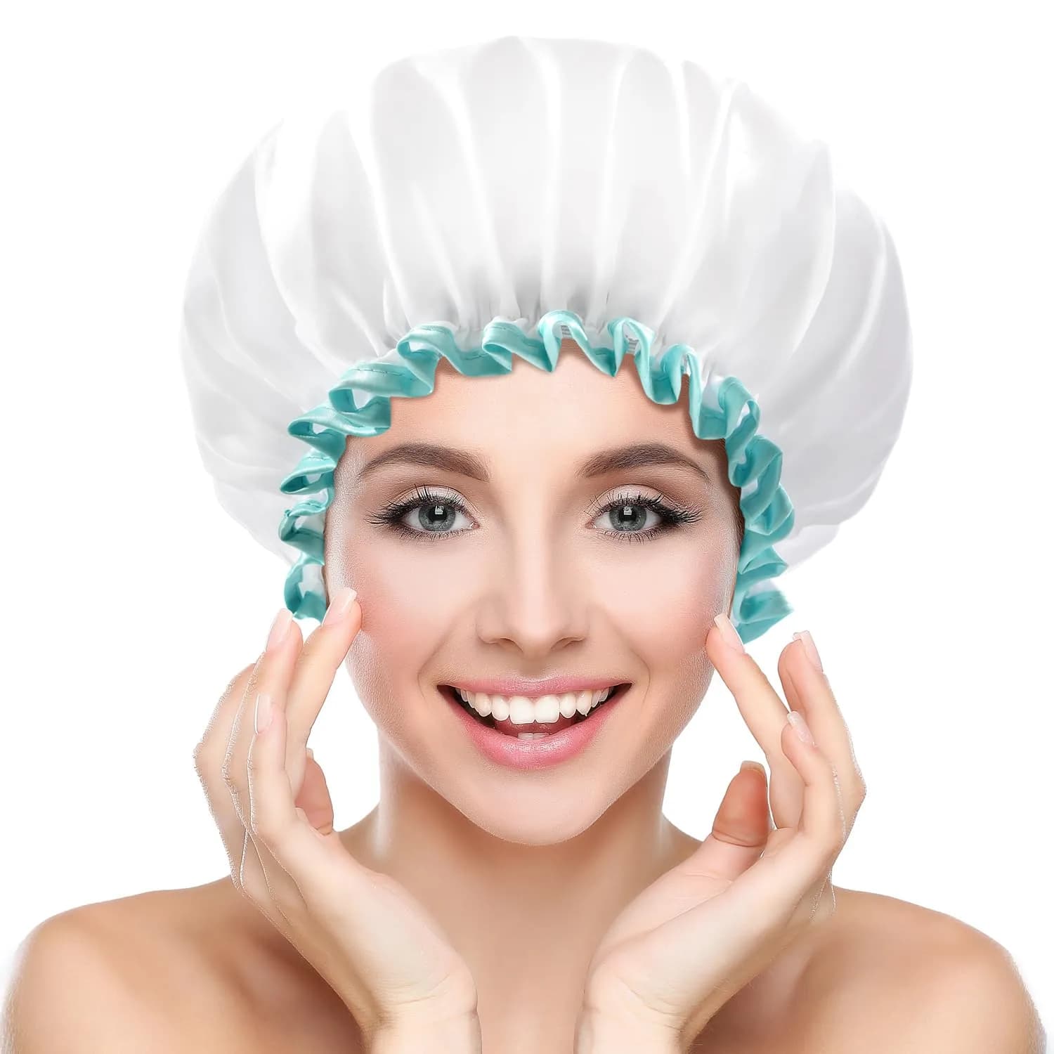 mikimini Reusable Shower Cap for Women and Girls, Waterproof, Washable, Cute White, 17cm (6.7in) x 12cm (4.7in) - main product image