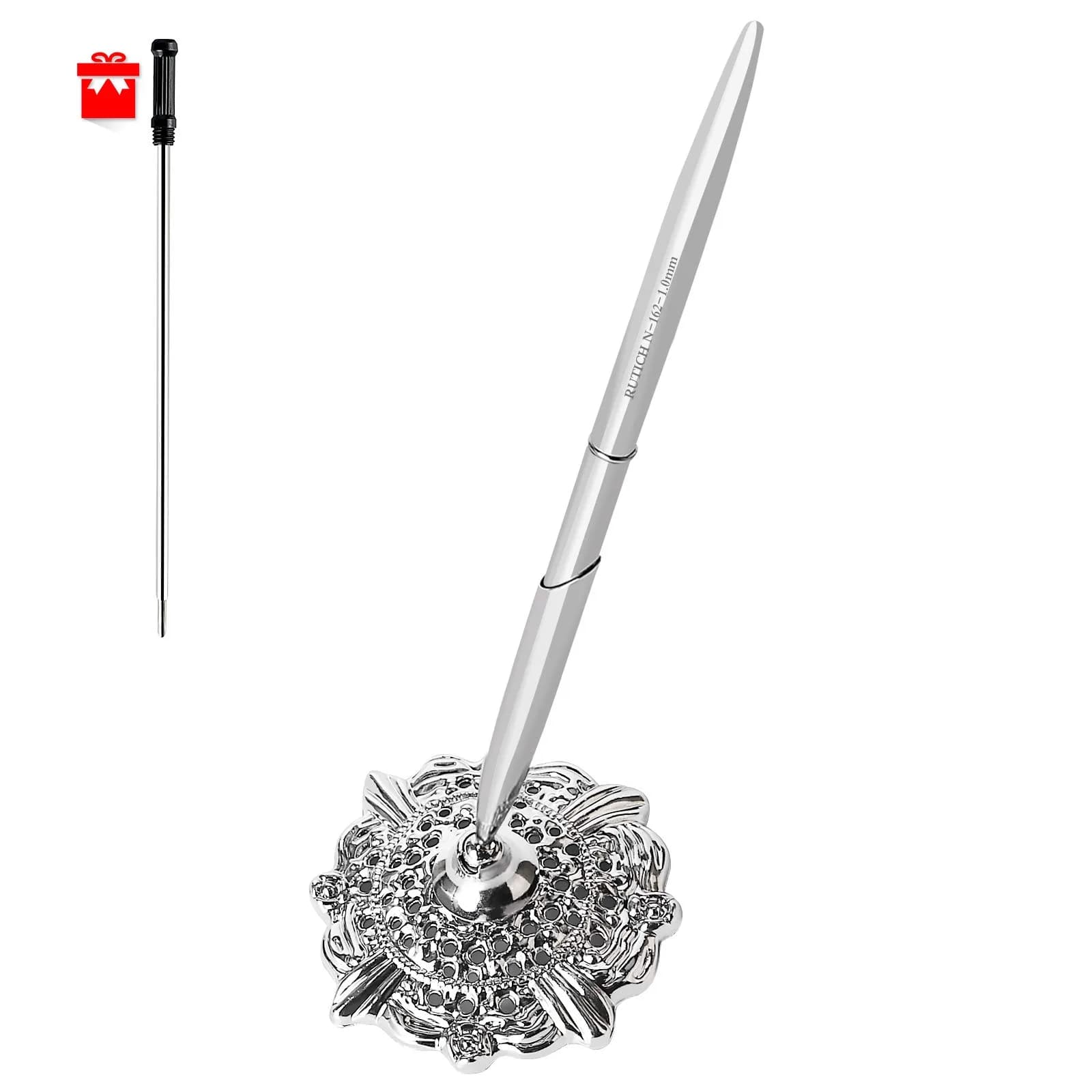 RUTICH Silver Hollow Round Pen Holder Signing Pen Set for Wedding Bridal Engagement Valentine's Day Favors | Elegant & Rotatable
