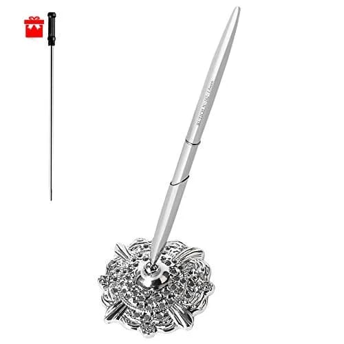 RUTICH Silver Hollow Round Pen Holder Signing Pen Set for Wedding Bridal Engagement Valentine's Day Favors | Elegant & Rotatable thumbnail 1