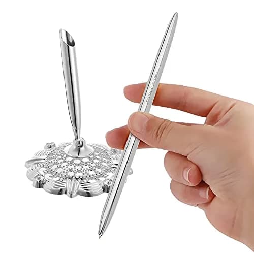 RUTICH Silver Hollow Round Pen Holder Signing Pen Set for Wedding Bridal Engagement Valentine's Day Favors | Elegant & Rotatable thumbnail 4