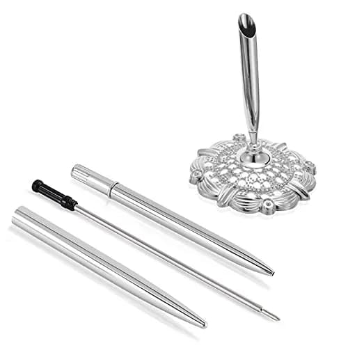 RUTICH Silver Hollow Round Pen Holder Signing Pen Set for Wedding Bridal Engagement Valentine's Day Favors | Elegant & Rotatable thumbnail 5
