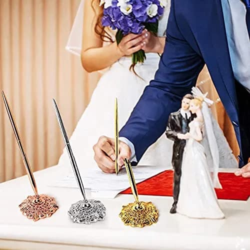 RUTICH Silver Hollow Round Pen Holder Signing Pen Set for Wedding Bridal Engagement Valentine's Day Favors | Elegant & Rotatable thumbnail 6