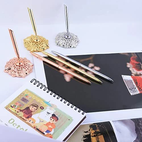 RUTICH Silver Hollow Round Pen Holder Signing Pen Set for Wedding Bridal Engagement Valentine's Day Favors | Elegant & Rotatable thumbnail 7