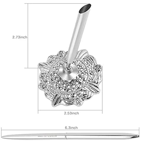 RUTICH Silver Hollow Round Pen Holder Signing Pen Set for Wedding Bridal Engagement Valentine's Day Favors | Elegant & Rotatable thumbnail 2