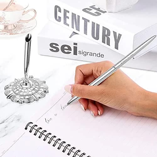 RUTICH Silver Hollow Round Pen Holder Signing Pen Set for Wedding Bridal Engagement Valentine's Day Favors | Elegant & Rotatable thumbnail 3