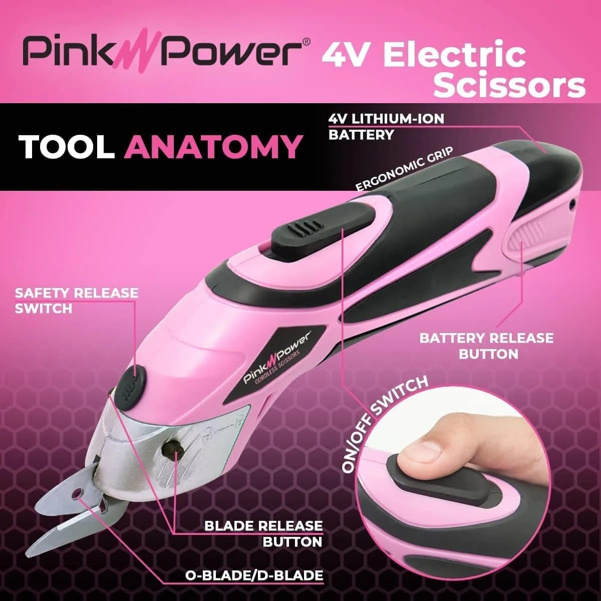 Pink Power Cordless Electric Scissors Fabric Cutter 26cm (10.2in) | Heavy Duty Rotary Shears for Crafts, Sewing, Cardboard - view 2