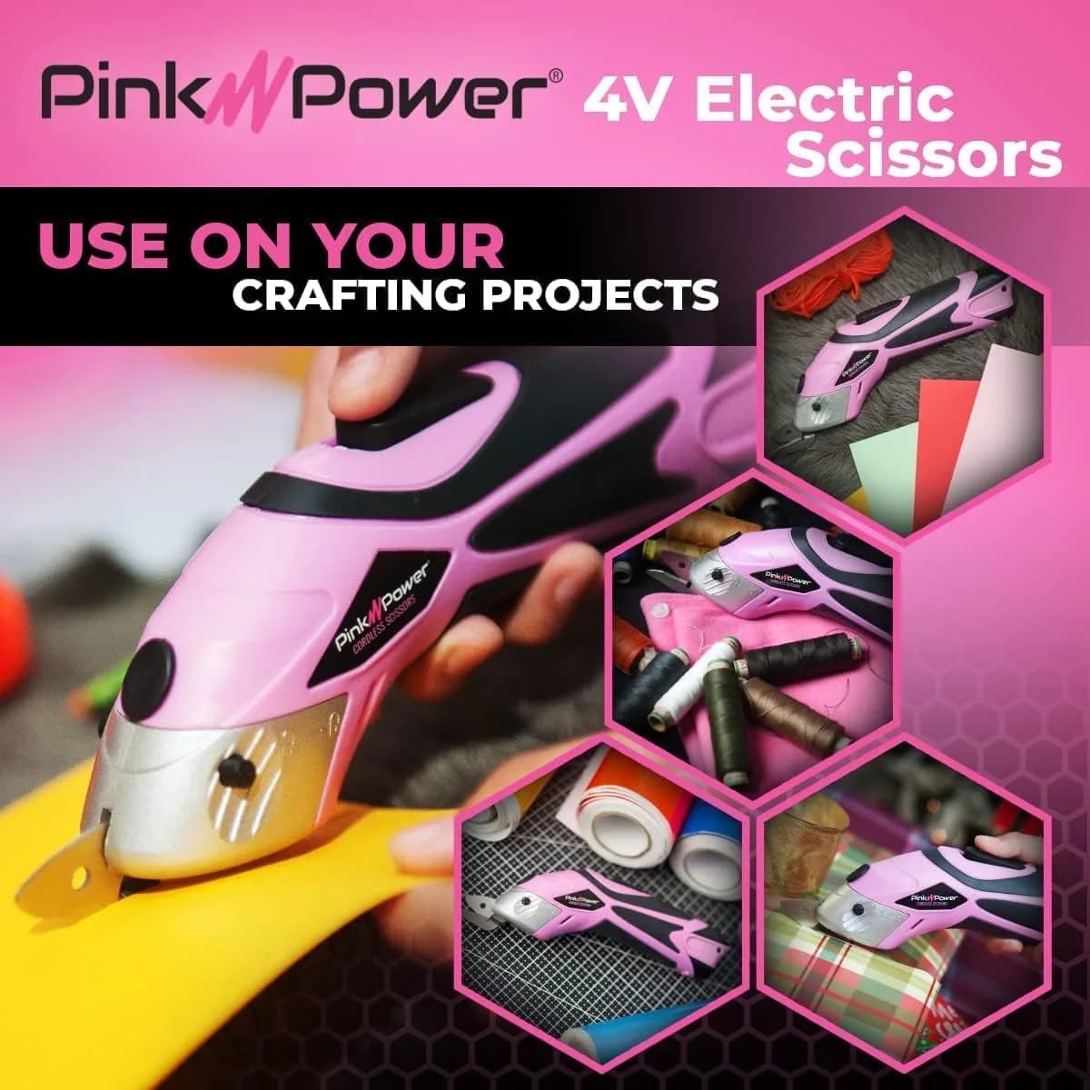 Pink Power Cordless Electric Scissors Fabric Cutter 26cm (10.2in) | Heavy Duty Rotary Shears for Crafts, Sewing, Cardboard - view 4