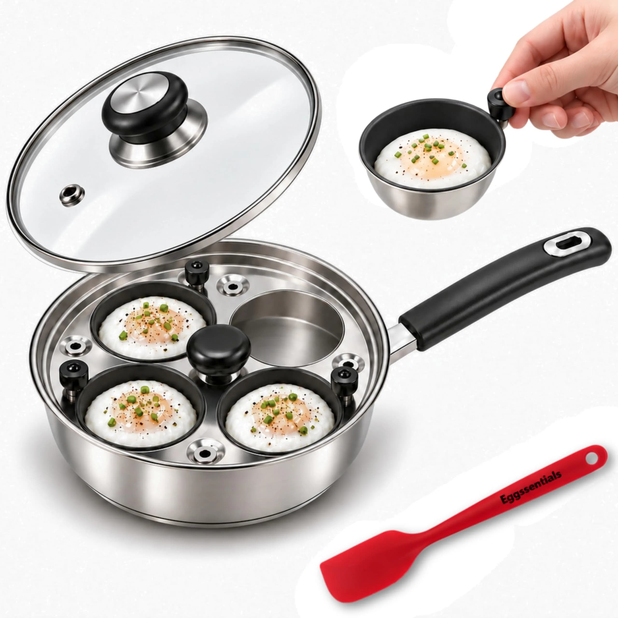 Eggssentials Egg Poacher Pan 4 Cup | Stainless Steel, PFOA Free, Induction Compatible, Dishwasher Safe