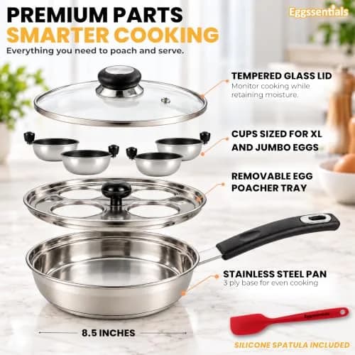 Eggssentials Egg Poacher Pan 4 Cup | Stainless Steel, PFOA Free, Induction Compatible, Dishwasher Safe thumbnail 4