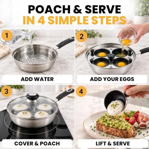 Eggssentials Egg Poacher Pan 4 Cup | Stainless Steel, PFOA Free, Induction Compatible, Dishwasher Safe thumbnail 3