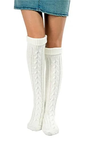 SherryDC Women's Cable Knit Over Knee High Boot Socks White One Size | Warm & Cozy Winter Leg Warmers thumbnail 1