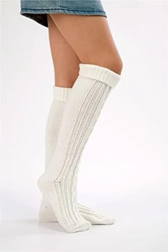 SherryDC Women's Cable Knit Over Knee High Boot Socks White One Size | Warm & Cozy Winter Leg Warmers thumbnail 2