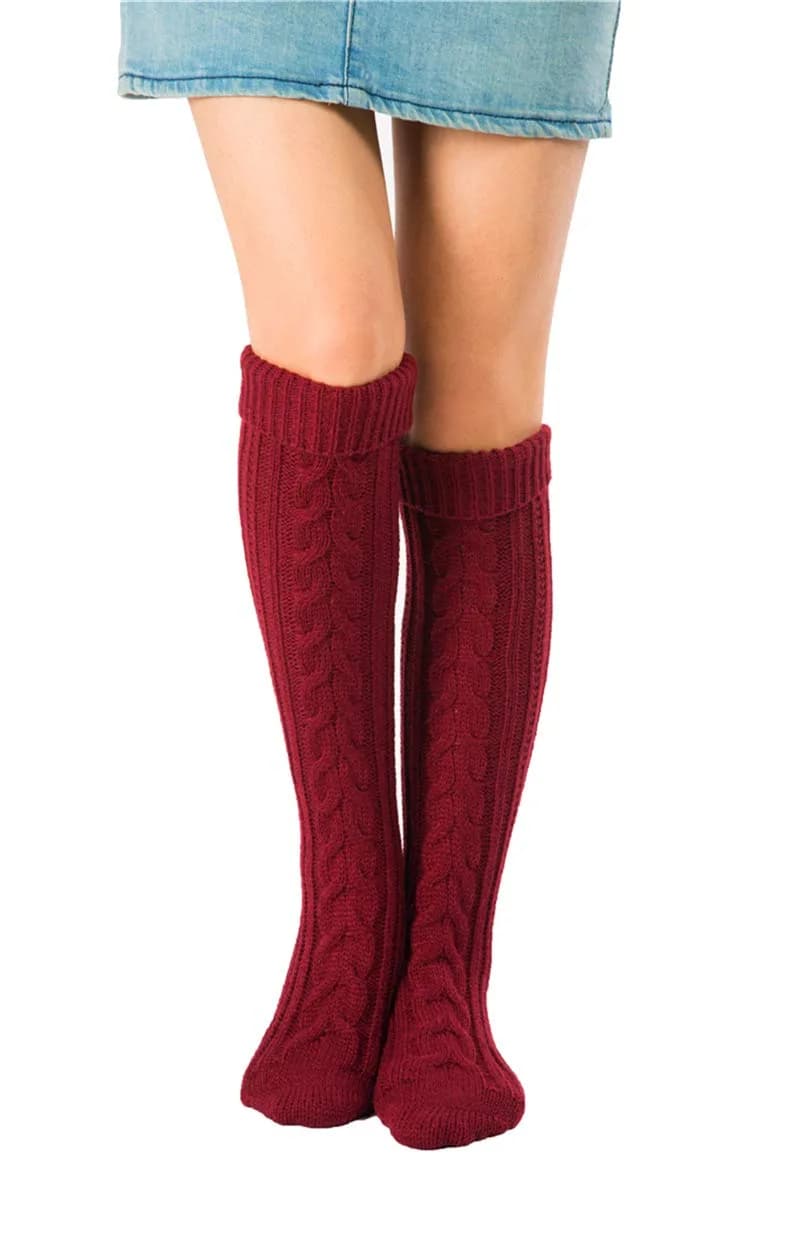 SherryDC Women's Cable Knit Over Knee High Boot Socks White One Size | Warm & Cozy Winter Leg Warmers — 149wine Red