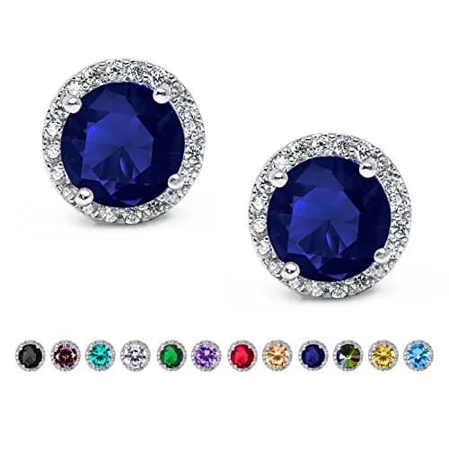 SWEETV Cubic Zirconia Stud Earrings 8mm Round Cut Hypoallergenic Sapphire thumbnail 1