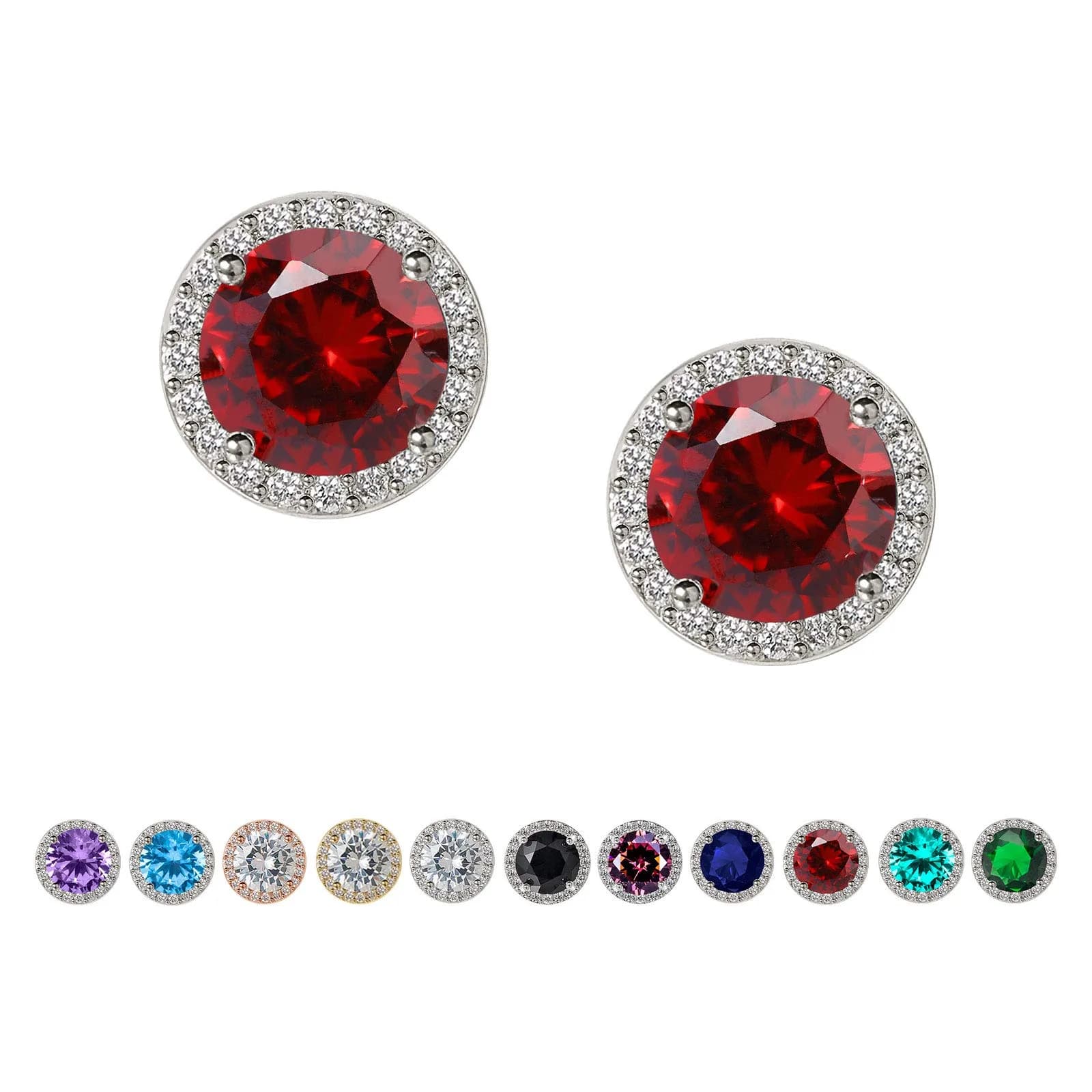 SWEETV Cubic Zirconia Stud Earrings, 8mm Round Cut, Rhinestone Hypoallergenic Earrings for Women Christmas Earrings-suitable for ages 15+, Ruby
