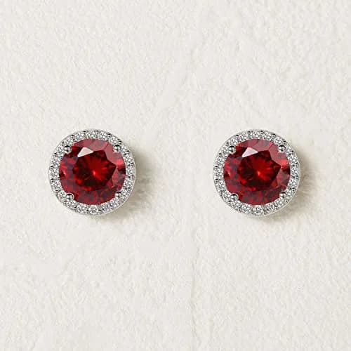 SWEETV Cubic Zirconia Stud Earrings, 8mm Round Cut, Rhinestone Hypoallergenic Earrings for Women Christmas Earrings-suitable for ages 15+, Ruby thumbnail 4