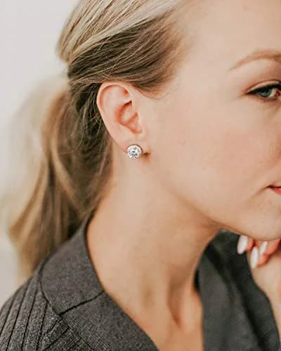 SWEETV Cubic Zirconia Stud Earrings, 8mm Round Cut, Rhinestone Hypoallergenic Earrings for Women-suitable for ages 15+ (01.Silver) thumbnail 2