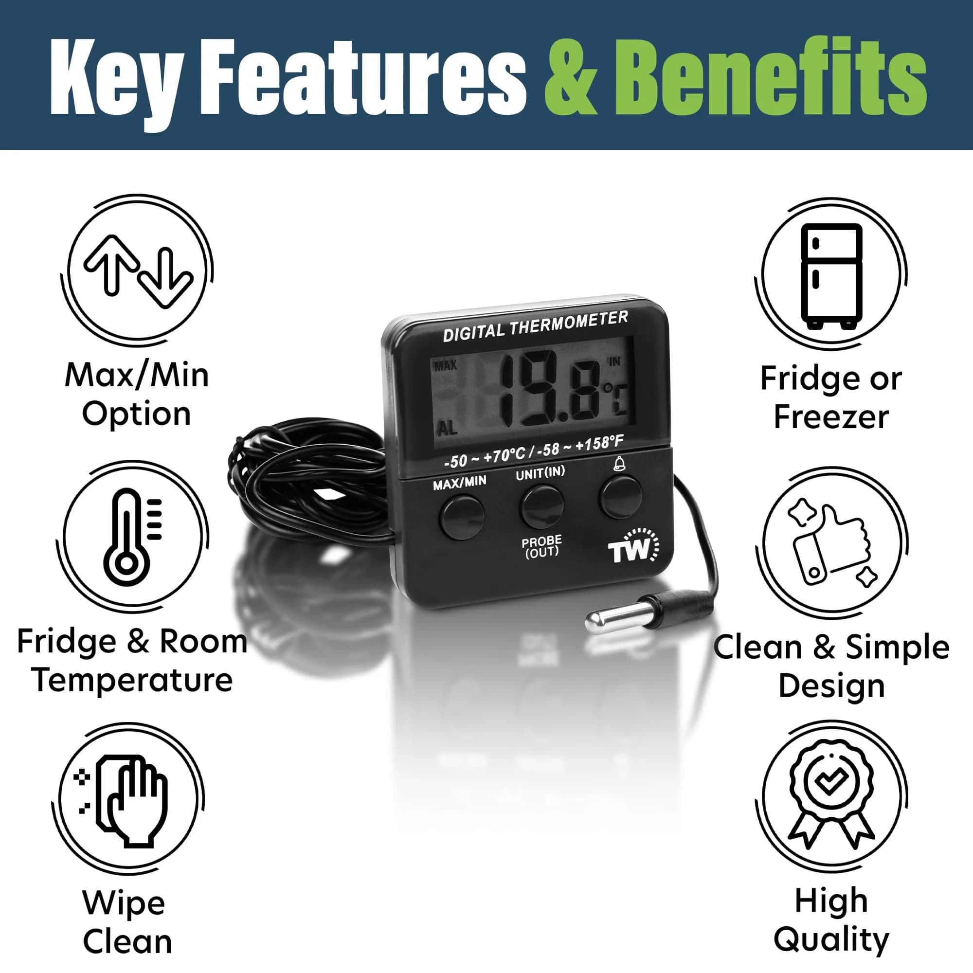 Thermometer World Digital Fridge Thermometer with Alarm & Probe -50 to +70°C (156 g) | Monitors Chilled Food Temperature - view 2
