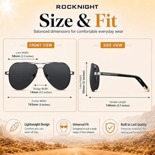 ROCKNIGHT Polarized Aviator Sunglasses Men Women UV400 Metal Frame Driving | Classic Flat Top Style thumbnail 4