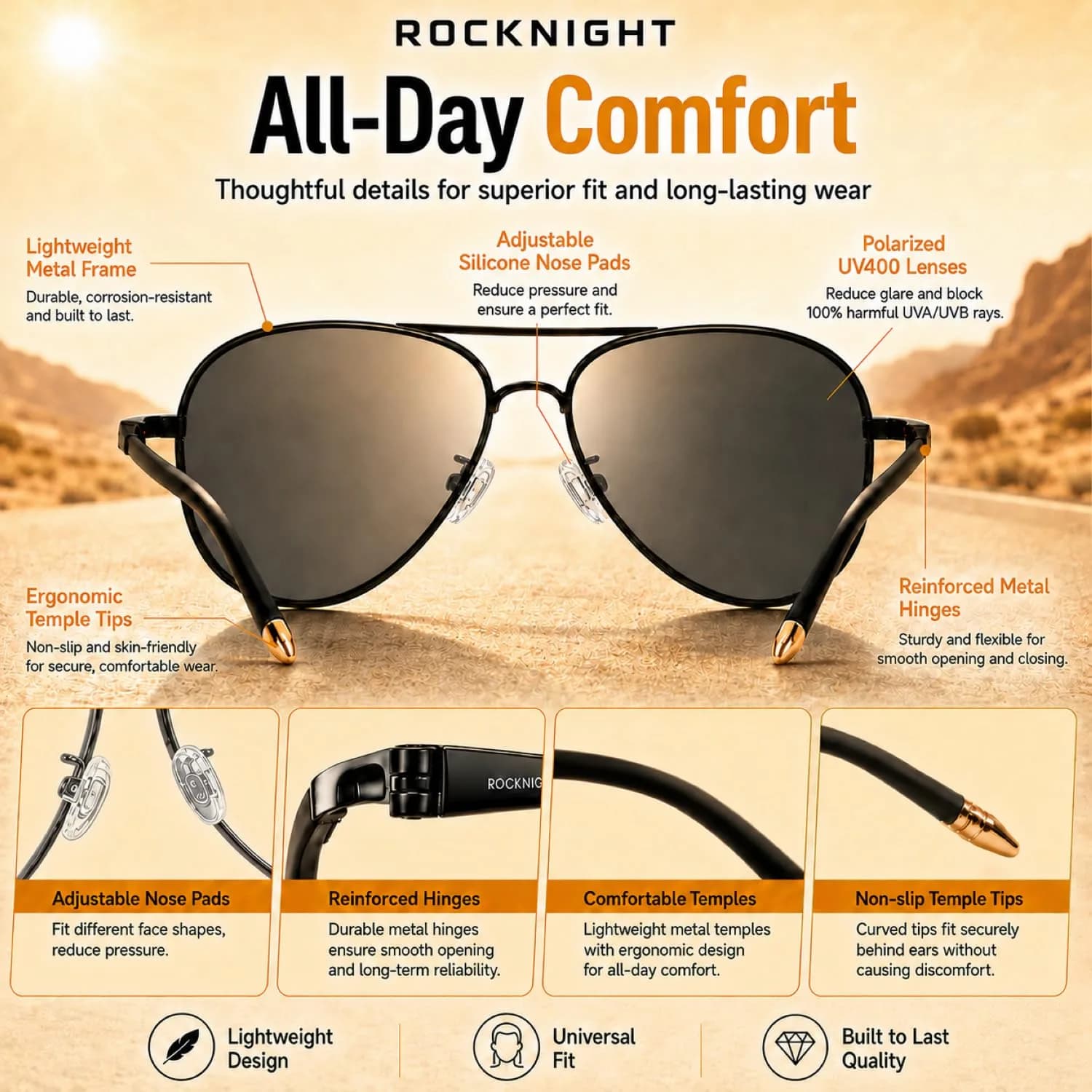 ROCKNIGHT Polarized Aviator Sunglasses Men Women UV400 Metal Frame Driving | Classic Flat Top Style - view 5