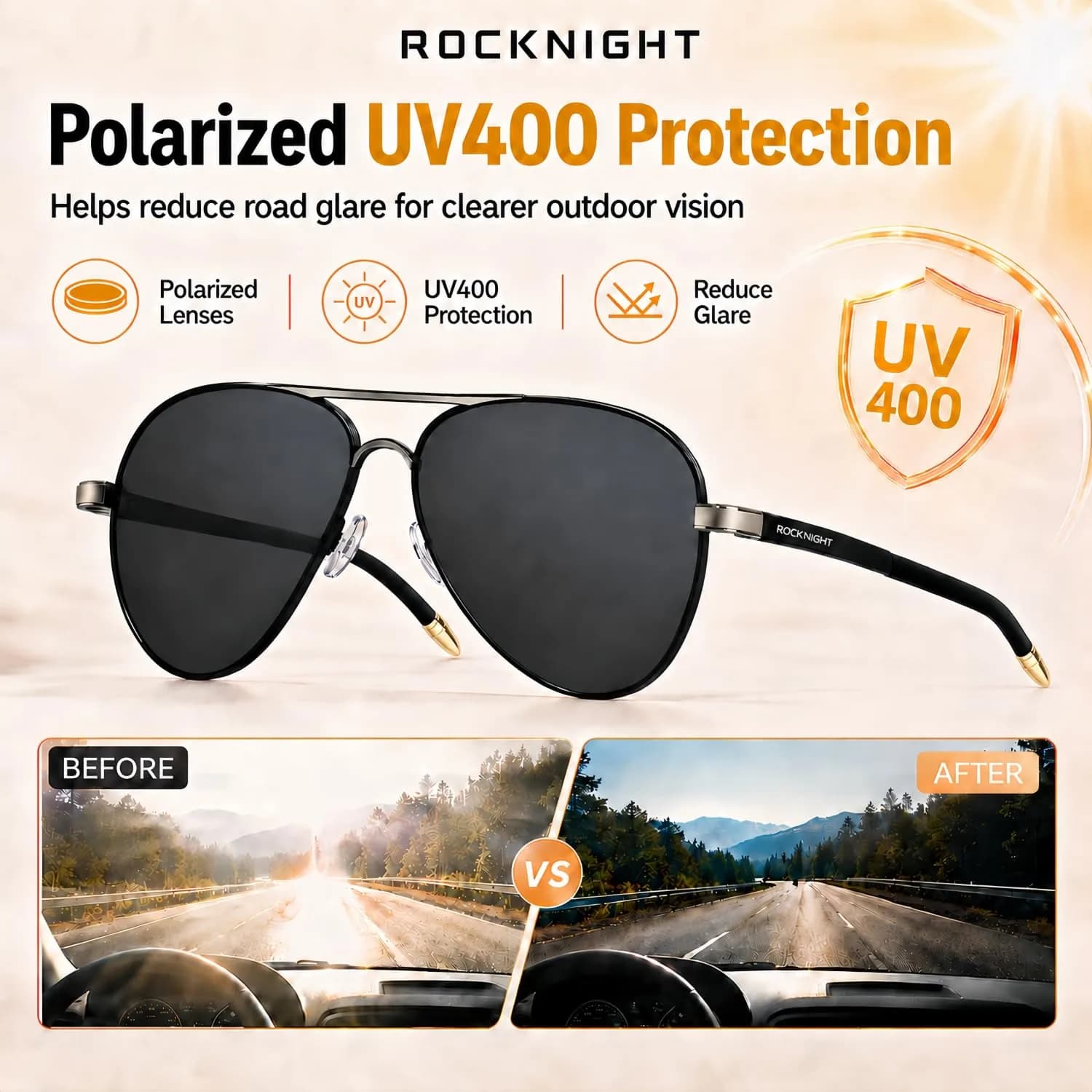 ROCKNIGHT Polarized Aviator Sunglasses Men Women UV400 Metal Frame Driving | Classic Flat Top Style - view 3