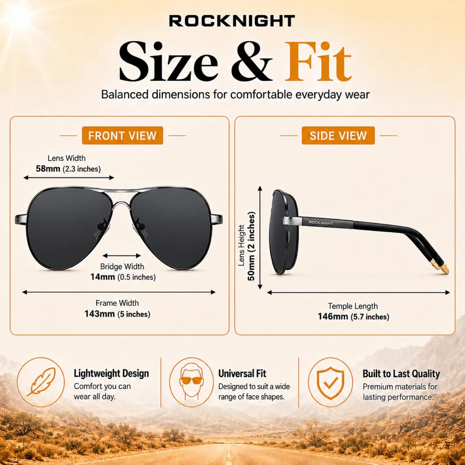 ROCKNIGHT Polarized Aviator Sunglasses Men Women UV400 Metal Frame Driving | Classic Flat Top Style - view 4