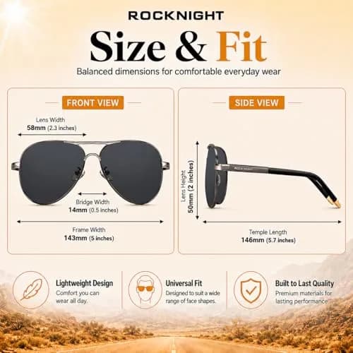 ROCKNIGHT Polarized Aviator Sunglasses Men Women UV400 Metal Frame Driving | Classic Style, 58mm Lens Width thumbnail 4