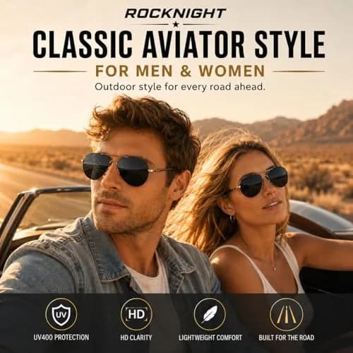 ROCKNIGHT Polarized Aviator Sunglasses Men Women UV400 Metal Frame Driving | Classic Style, 58mm Lens Width thumbnail 2