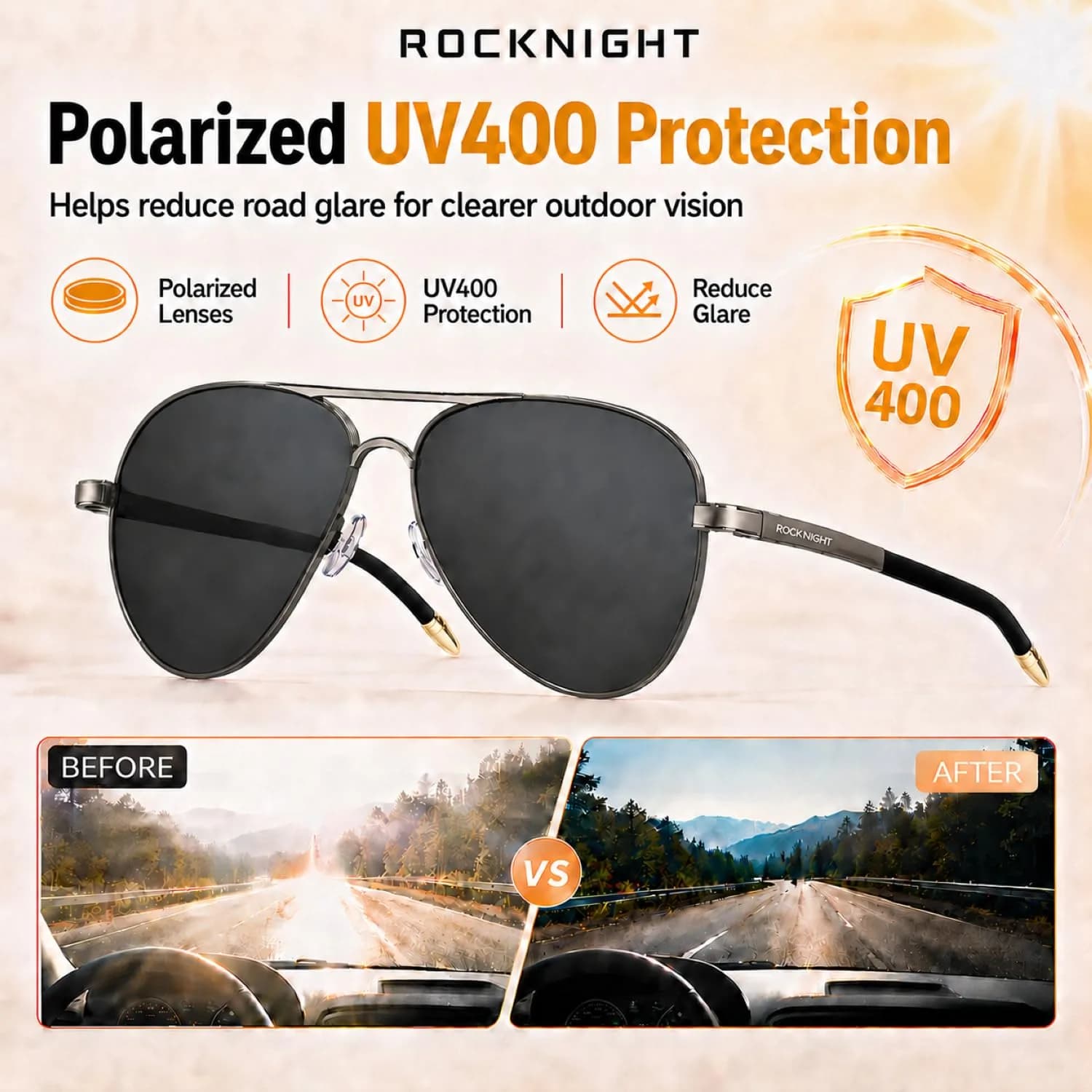 ROCKNIGHT Silver Ruthenium-Gray Polarized Aviator Sunglasses for Men & Women with UV400 Metal Frame - view 3