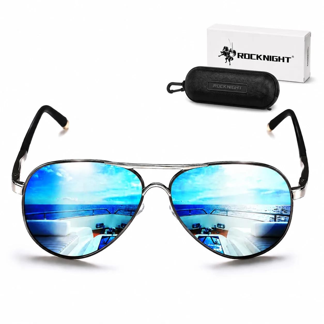 ROCKNIGHT Polarized Aviator Sunglasses Men Women UV400 Metal Frame Driving | Classic Fashion Style — Ruthenium Frame/Blue Mirrored Lens