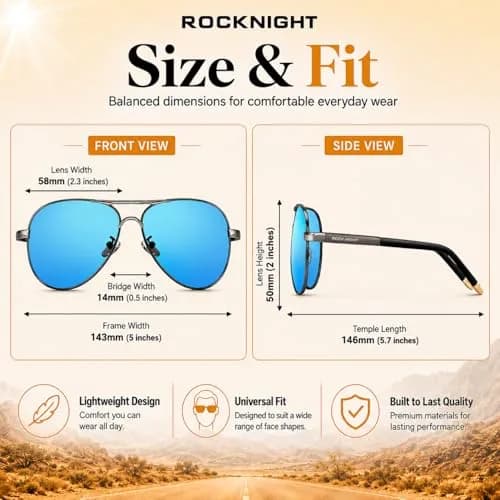 ROCKNIGHT Polarized Aviator Sunglasses Men Women UV400 Metal Frame Driving | Classic Fashion Style thumbnail 4